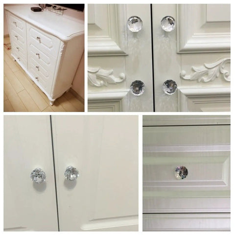 100 Pack Clear Acrylic Cabinet Handles With Zinc Alloy Base 30mm Crystal Drawer Pulls For Kitchen Cabinets And Wardrobes on white furniture.