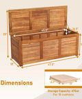 Acacia Wood Deck Box Bench 47 Gallon Outdoor Storage Chest With Seating dimensions and cushion storage size details.