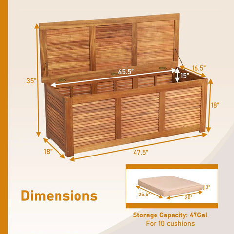Acacia Wood Deck Box Bench 47 Gallon Outdoor Storage Chest With Seating dimensions and cushion storage size details.