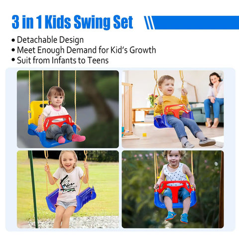 Three In One Convertible Kids Swing Seat With Detachable High Back Support in indoor and outdoor settings, kids playing