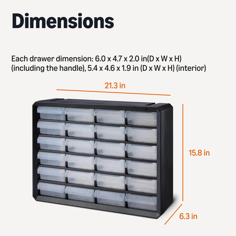 Front view of 24 Drawer Plastic Storage Organizer With Dividers For Office, Craft And Tools, Wall Mountable And Sturdy Black