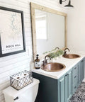 Double vanity with Bell Drop In Handmade Copper Bath Sink With Four Inch Faucet Holes and Overflow, antique design.