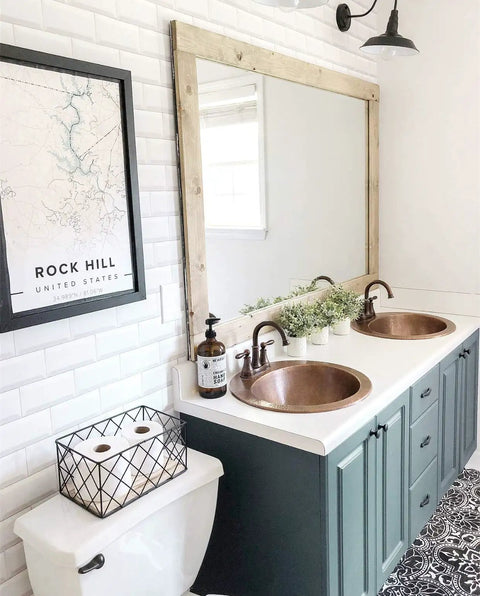 Double vanity with Bell Drop In Handmade Copper Bath Sink With Four Inch Faucet Holes and Overflow, antique design.