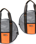Heavy Duty Jumper Cable Organizer Bag That Straight Up Keeps Your EV Charging Cords Extension Lines And Tow Straps Snag Free With Zero Sweat Using A Secure Zipper And Sturdy Handle front view of gray circular bag with dual handles and orange accents