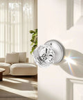 Five Pack Privacy Door Knobs With Clear Glass Handles In Satin Nickel Finish, interior view on a door with soft natural light