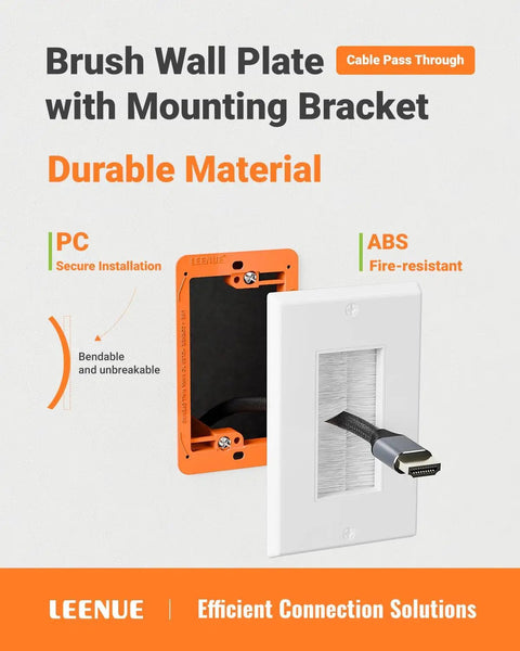 Straight Shooting Brush Cable Wall Plate With Sturdy Mounting Bracket To Neatly Tame Hdmi Coax Speaker Wire And Rj45 Ethernet For A Clean Cut Wall Finish, showing a durable design with secure installation.