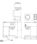 Technical drawing of VPR 2EP 12 Cup Pourover Commercial Coffee Brewer With Two Easy Pour Decanters Black Stainless Heavy Duty Coffee Maker