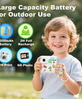 Dope Kids Instant Print Camera With 32GB Card Includes 4 Photo Paper Rolls white camera with child holding it outdoors, 1200mAh battery and fast recharge