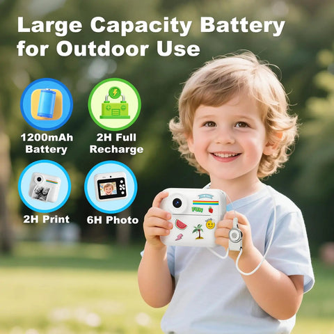 Dope Kids Instant Print Camera With 32GB Card Includes 4 Photo Paper Rolls white camera with child holding it outdoors, 1200mAh battery and fast recharge
