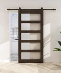 36 Inch By 84 Inch Glass Barn Door With 6.6 Foot Sliding Door Hardware Kit Included And Handle Five Panel Frosted Glass Solid Wood Slab With Waterproof PVC Surface For Privacy And Durability Pre Drilled For Easy Assembly Brown, installed view