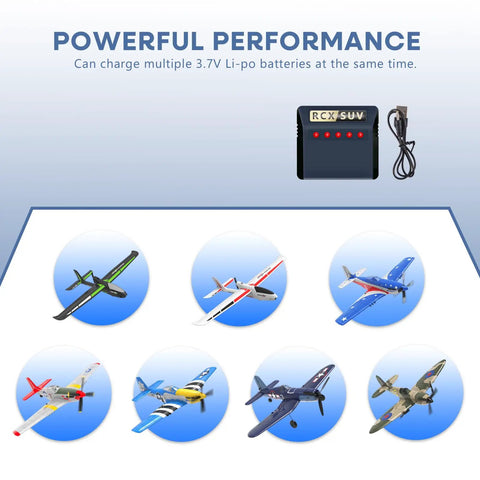 5 Pack 3.7V 500mAh LiPo Batteries With 5-In-1 USB Charger For RC Planes Drones Quadcopters And Mini RC Toys with charger and toy plane images.
