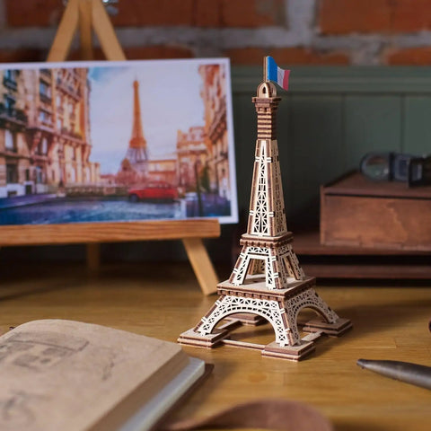 Paris Tower 3D Puzzle Kit No Glue Needed, 50 Wooden Pieces, 7.08 Inch Tall, Brown Finish, Easy Build For DIY Enthusiasts And Collectors, World Cities Collection, Fun Desk Model For Kids And Adults. Wooden Eiffel Tower desk model with French flag