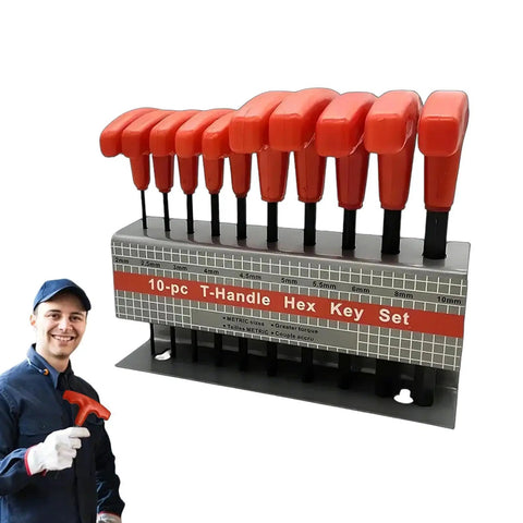 Top Notch Allen Wrenches Set Perfect For Home Repairs And Pro Projects With Super Ergonomic Handles For Easy Gripping And Heavy Duty Hex Key Kit That Really Hits The Spot 10-pc T-handle metric hex key set, red handles, metal rack