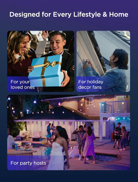 Three scenes showing Year-Round 100Ft RGBIC Permanent Outdoor Lights 2 With 16 Million Colors And 100 Scene Modes, IP67 Waterproof.