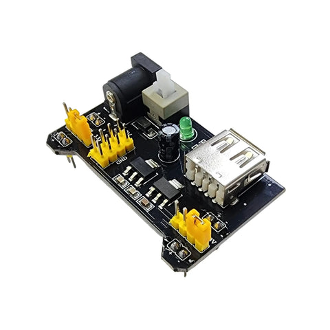 Two Pack Breadboard Power Supply Modules With 3.3V Or 5V Selectable Output For Solderless Breadboards Ideal For Arduino ESP32 ESP8266 Raspberry Pi And DIY Electronics Projects, showing close-up view of module with USB and DC input.