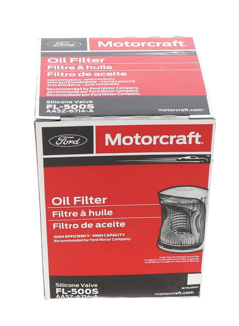 Box of Engine Oil Filter FL-500-S OE Replacement for Ford Lincoln and Mercury vehicles, red and black packaging.