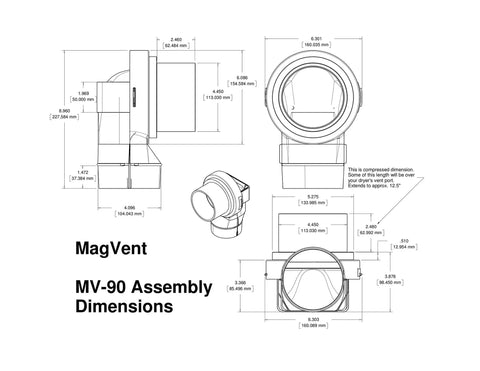 Diagram of Magnetic Dryer Vent Coupling for 90 Degree Vents with dimensions and side view