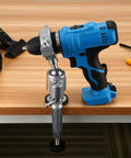 360 Degree Bench Clamp Vise Grinder Holder For Electric Drill Stand attached to a wooden table showing aluminum construction