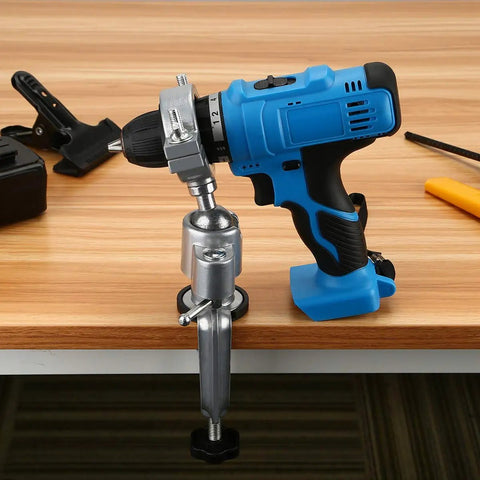 360 Degree Bench Clamp Vise Grinder Holder For Electric Drill Stand attached to a wooden table showing aluminum construction
