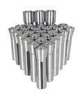 Steel Collet Set for Milling Machines R8 to 1 Inch, 29 piece kit with laser etched sizes arranged in a cluster view