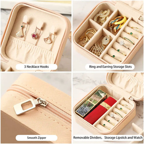 Palm Sized Travel Jewelry Case Pink Mini Portable Jewelry Box For Rings Earrings Pendants Watches Necklaces And Lipstick Organizer Storage Holder Travel Essential with compartments