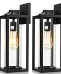 Hella Bright 16-Inch Outdoor Wall Lanterns, Rugged 2-Pack Exterior House Lights Featuring Thick Clear Glass Shades, showing black finish and clear glass.