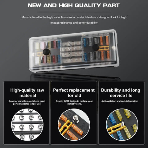 20 Way Blade Fuse Block 16 Circuit Fuse Holder DC Sub Panel With Ground And Cover For SUV Boat Yacht RV Car Marine Truck Trike Vehicle Plug In Ready, showcasing design and features.