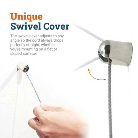 Heavy Duty Steel Cable Picture Hanging Kit With Adjustable Bullet Hooks And Ceiling Mount supports a swivel cover for angled surfaces.
