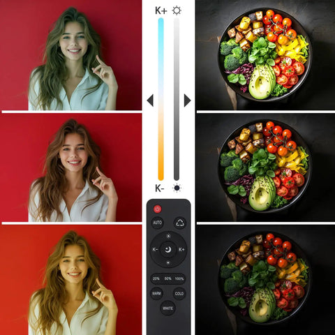 Collage showing lighting effects on model and food using 20 Inch Octagonal Softbox Lighting Kit With Dimmable 85W LED Bulb 3000K To 6500K Remote Control And 25 To 60 Inch Tripod Stand For Photography Video YouTube Portraits Vlogs Creator Friendly