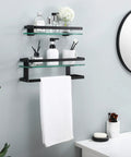 Tempered Glass Floating Bathroom Shelf With Bar, Rectangular Wall Mounted Aluminum Rustproof Black Finish with towel