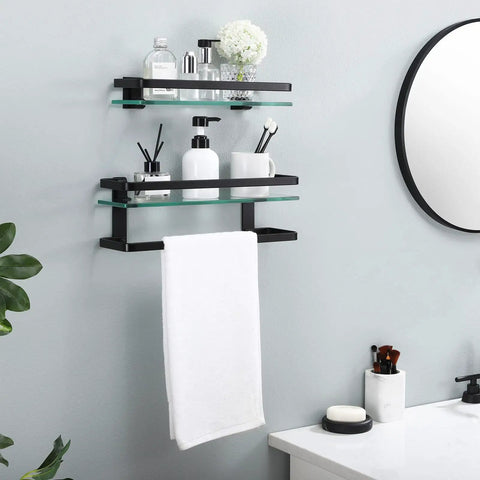 Tempered Glass Floating Bathroom Shelf With Bar, Rectangular Wall Mounted Aluminum Rustproof Black Finish with towel