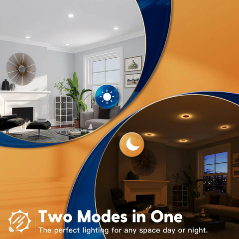 Bright living room with Slick 12 Pack Dual 5 And 6 Inch Led Recessed Downlights featuring adjustable color temp and night light.