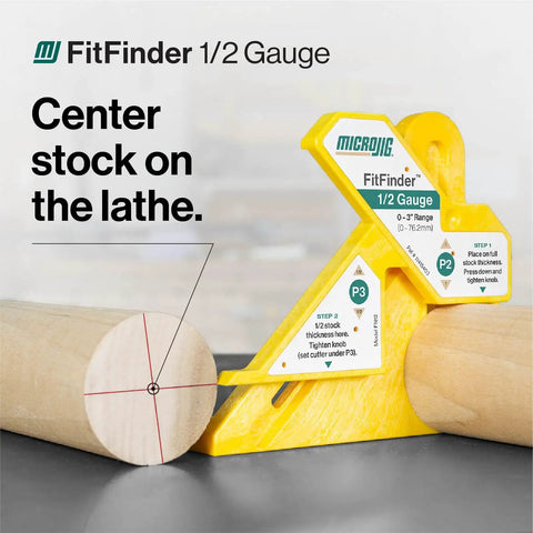 FitFinder One Half Gauge And Matchfit Dado Stop Pro Kit Bundle for woodworking, showing center stock on lathe and tool setup.
