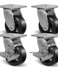 Beefy Heavy Duty Caster Wheels Set Of 4 4 Inch By 2 Inch Industrial Casters With Rubber On Cast Iron Wheels For Trash Containers And Dumpster Bins 2 Brakes And 2 Swivel 2800 Lbs Capacity, showing two swivel with brakes and two non-brake wheels.