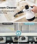 Akpiian Handheld Steam Cleaner For Home Deep Cleaning With 10 Bonus Accessories cleaning kitchen surfaces, showing pre and post-cleaning results.
