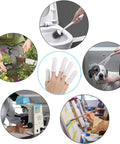 Collage showing Disposable Latex Finger Cots Anti Static Roll On Finger Protectors Medium Size used in various tasks.