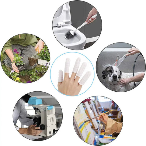 Collage showing Disposable Latex Finger Cots Anti Static Roll On Finger Protectors Medium Size used in various tasks.
