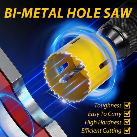 Easy Adjustable Door Lock Installation Kit With Guide Template showing bi-metal hole saw detail on blue background