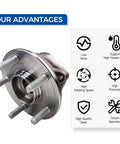 Front Wheel Hub And Bearing Assembly 513324 Compatible With Jeep Grand Cherokee 2011 To 2021 And 2022 WK Grand Cherokee, Also Fits Dodge Durango 2011 To 2023 With 5 Lug Pattern For A Solid Durable Ride, shown with five lug bolts and product advantages icons.