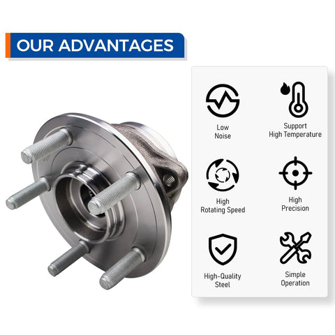 Front Wheel Hub And Bearing Assembly 513324 Compatible With Jeep Grand Cherokee 2011 To 2021 And 2022 WK Grand Cherokee, Also Fits Dodge Durango 2011 To 2023 With 5 Lug Pattern For A Solid Durable Ride, shown with five lug bolts and product advantages icons.