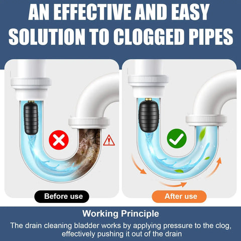 Multi Size Rubber Drain Bladder Kit For Knocking Out Dang Clogs In 1 To 6 Inch Pipes Fast No Sweat Bathroom Sink Shower Or Pool Unclogger shown before and after unclogging a drain pipe.