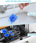 Flexible Drain Snake Kit, 3 Piece Stainless Steel Pipe Cleaners With Multiple Brush Heads being hand washed with blue brush.