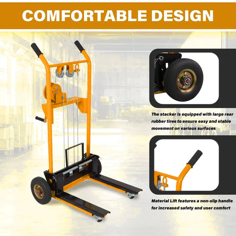 Front view of APOLLOLIFT material lift winch stacker, orange manual pallet jack with 440 lb capacity and swivel casters