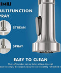 Close-up of Hands Free Touchless Kitchen Faucet With Pull Down Sprayer, brushed nickel finish, showing spray functions.