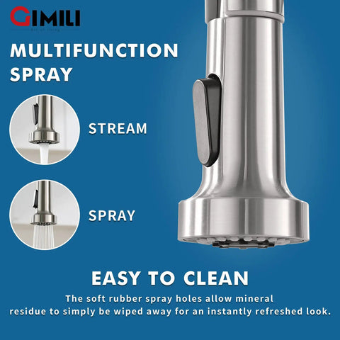 Close-up of Hands Free Touchless Kitchen Faucet With Pull Down Sprayer, brushed nickel finish, showing spray functions.