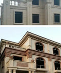 Two-story concrete residential buildings with decorative columns and railings