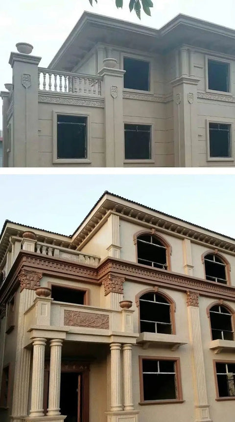 Two-story concrete residential buildings with decorative columns and railings