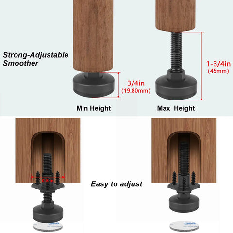 Beefy 3/8-16 Thread Furniture Levelers With T Nut Kit Adjustable Feet for tables and chairs shown at min and max height settings