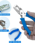 1/4 Inch Hole Puncher For Crafts with blue soft grip handheld, features metal construction, showing paper holder, soft silicone grip