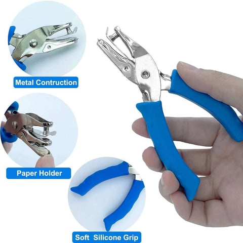 1/4 Inch Hole Puncher For Crafts with blue soft grip handheld, features metal construction, showing paper holder, soft silicone grip